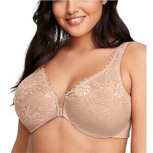 Glamorise Front-Close Lace T-Back Wonderwire Bra Cafe Beige Floral‎ Underwire